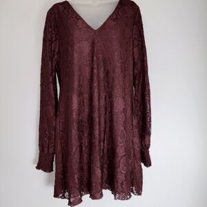 Wonderly Burgundy Long Sleeve Lace Mini Dress